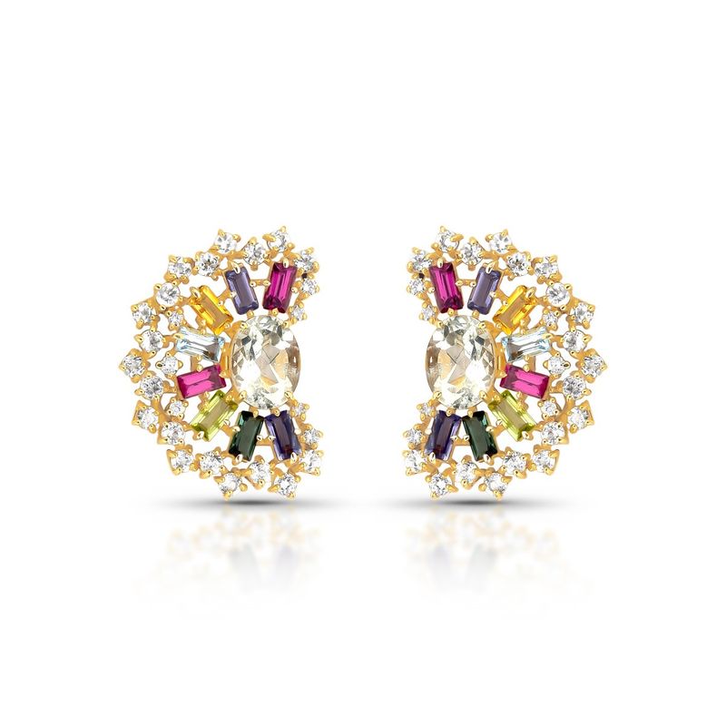Brinco Leque de Pedras Coloridas e Diamante em Ouro Amarelo
