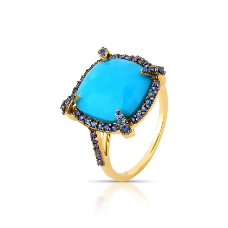 Anel Turquesa e Safira Azul Ouro Amarelo
