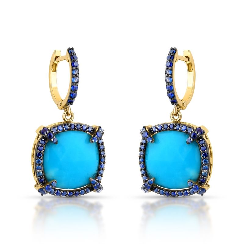 Brinco Argola Safira Azul e Turquesa, Ouro Amarelo.