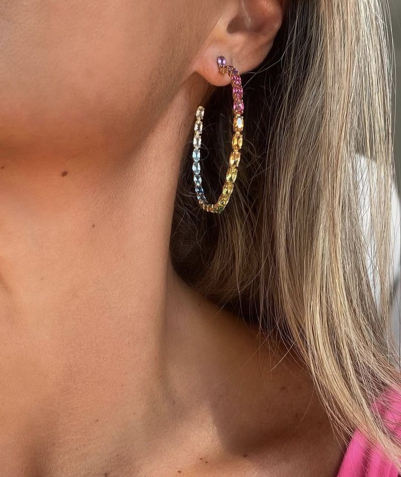 Brinco Argola Fina Topázios Coloridos Ouro Amarelo