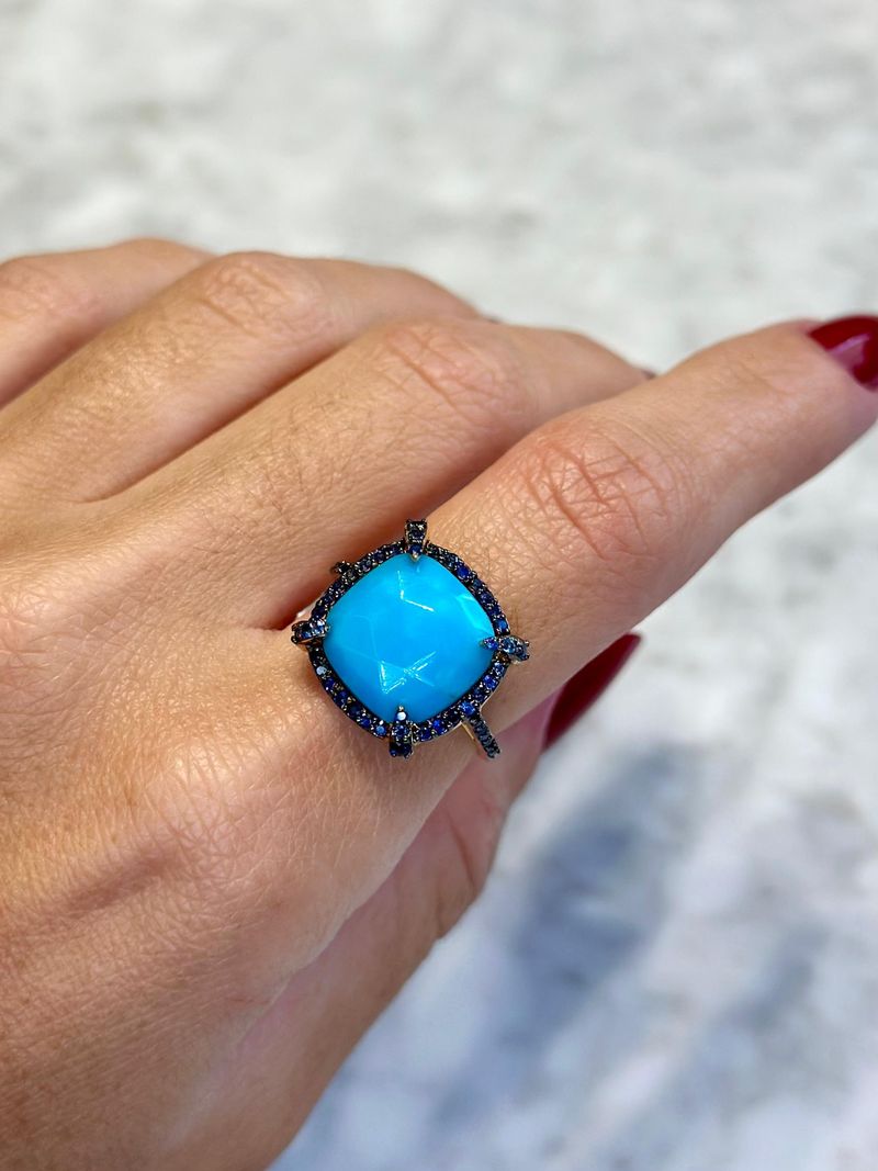 Anel Turquesa e Safira Azul Ouro Amarelo