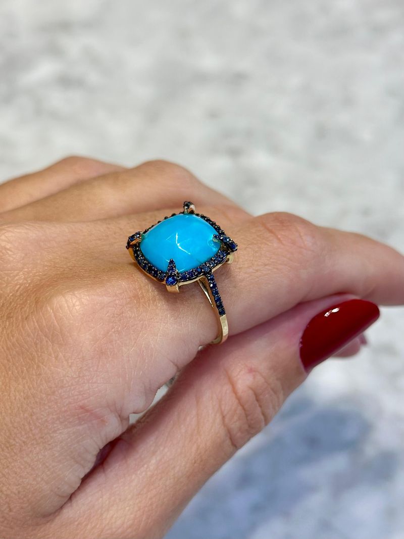 Anel Turquesa e Safira Azul Ouro Amarelo