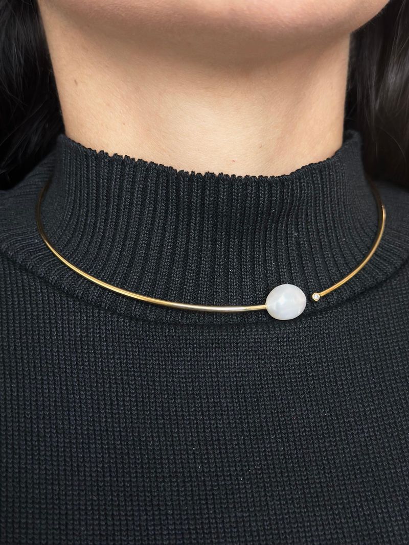 Colar Chocker  Pérola e Diamante Ouro Amarelo