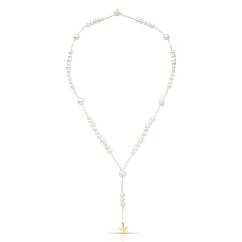 COLAR TERÇO DE PÉROLAS E ESPIRITO SANTO OURO AMARELO