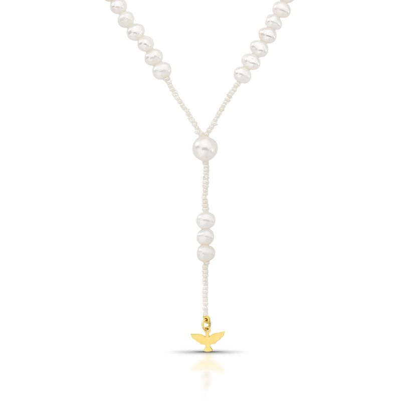 COLAR TERÇO DE PÉROLAS E ESPIRITO SANTO OURO AMARELO