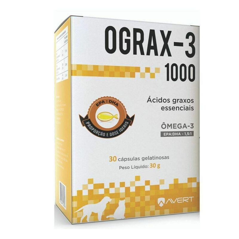 Ograx-3 Suplemento Avert 1000mg Cães e Gatos - 30 Cápsulas