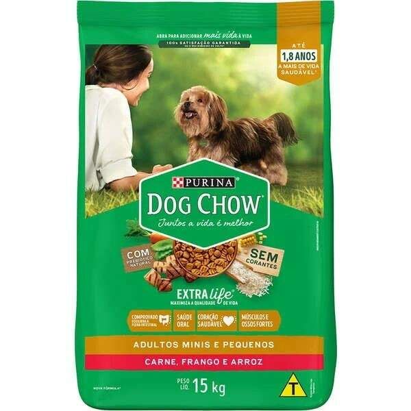 Ração Dog Chow Purina Extra Life Cães Adultos Carne, Frango e Arroz Raças Mini e Pequenas - 15kg