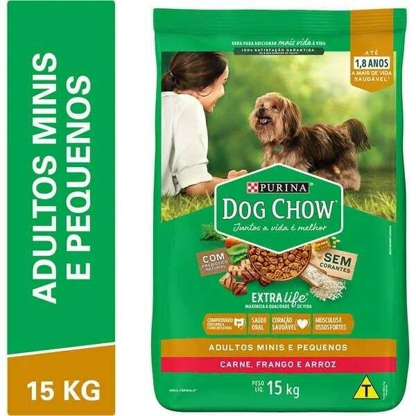 Ração Dog Chow Purina Extra Life Cães Adultos Carne, Frango e Arroz Raças Mini e Pequenas - 15kg