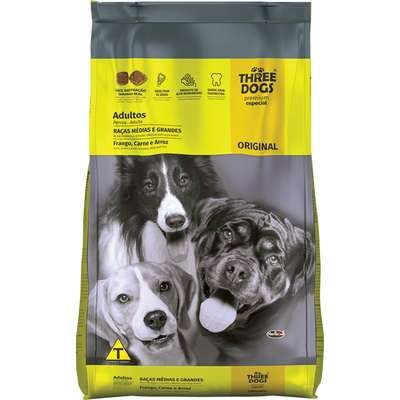 Three Dogs Ração Original Frango, Carne e Arroz para Cães Adultos Raças Médias e Grandes 15kg