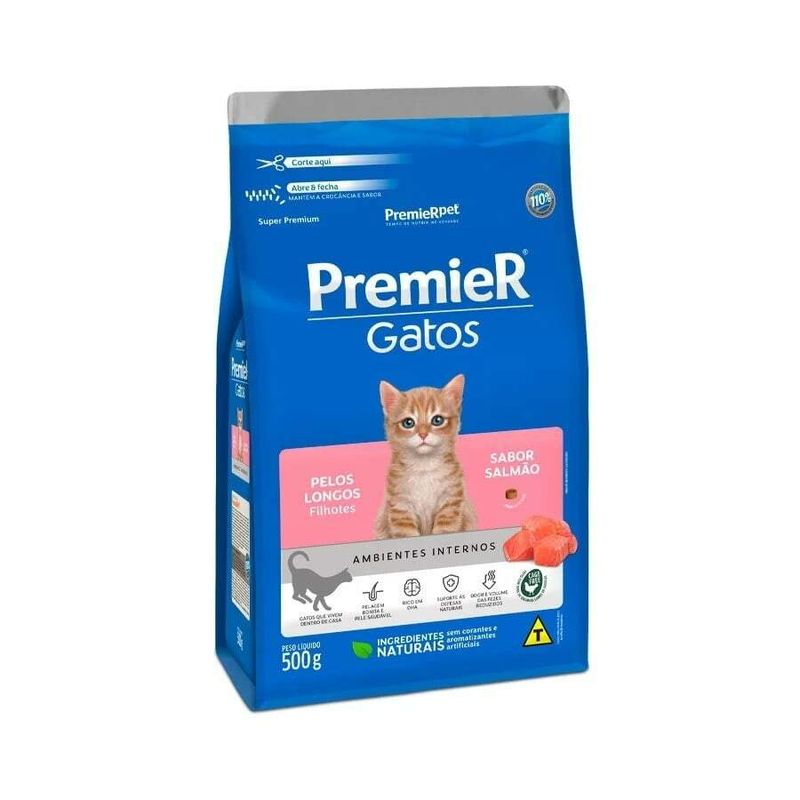 Ração Premier Ambientes Internos Gatos Filhotes Pelos Longos Salmão 500g