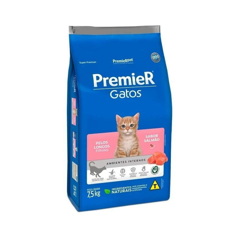 Ração Premier Ambientes Internos Gatos Filhotes Pelos Longos Salmão 7,5kg