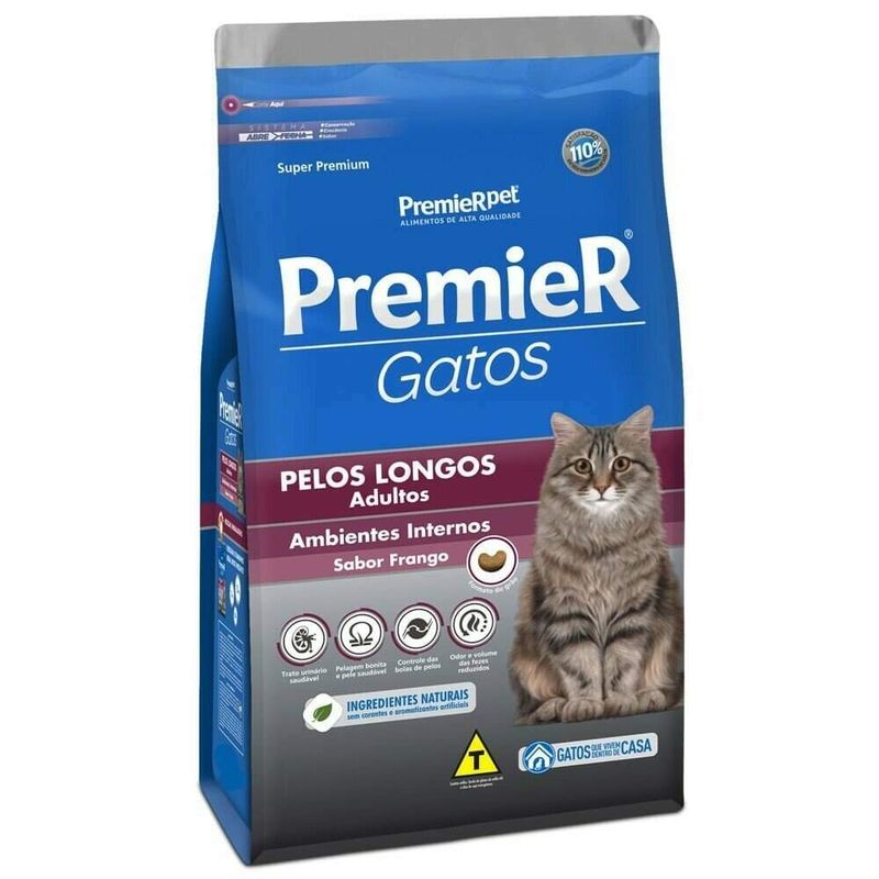 Ração Premier Ambientes Internos Gatos Adultos Pelos Longos Frango 500g