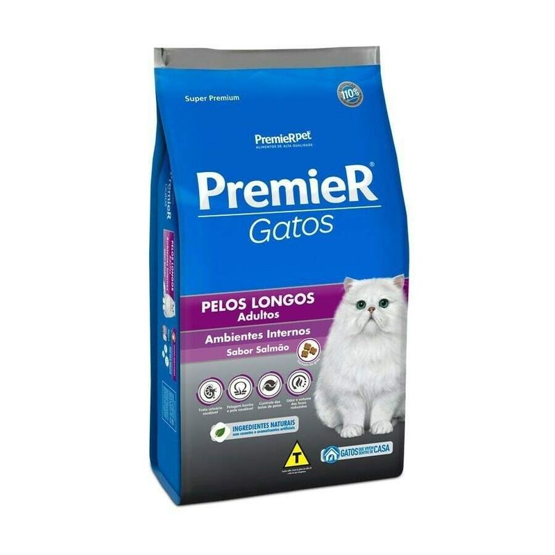 Ração Premier Ambientes Internos Gatos Adultos Pelos Longos Salmão 500g