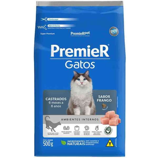 Ração Premier Ambientes Internos Gatos Castrados 6 meses até 6 anos Frango 500g