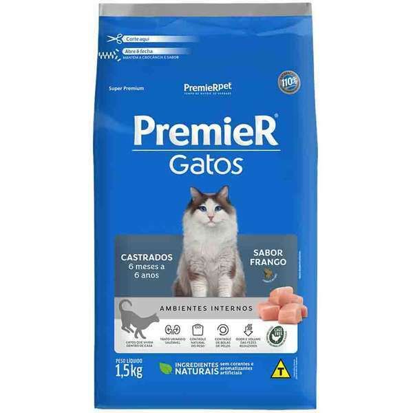 Ração Premier Ambientes Internos Gatos Castrados 6 meses até 6 anos Frango 1,5kg