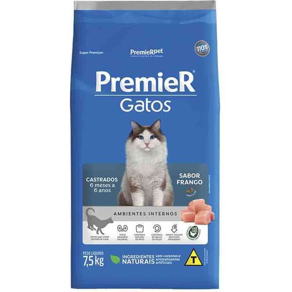 Ração Premier Ambientes Internos Gatos Castrados 6 meses a 6 anos Frango 7,5kg