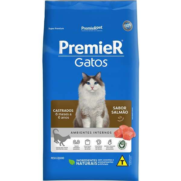 Ração Premier Ambientes Internos Gatos Castrados 6 meses até 6 anos Salmão 1,5kg