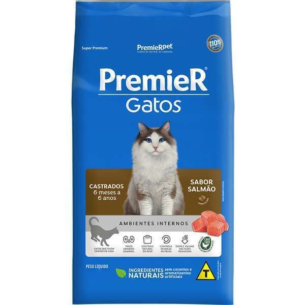 Ração Premier Ambientes Internos Gatos Castrados 6 meses a 6 anos Salmão 7,5kg