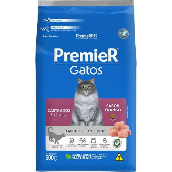 Ração Premier Ambientes Internos Gatos Castrados 7 a 11 anos Frango 500g