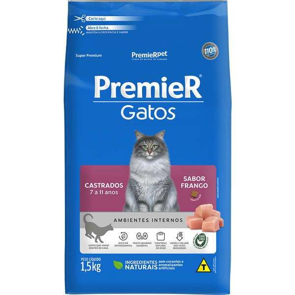 Ração Premier Ambientes Internos Gatos Castrados 7 a 11 anos Frango 1,5kg
