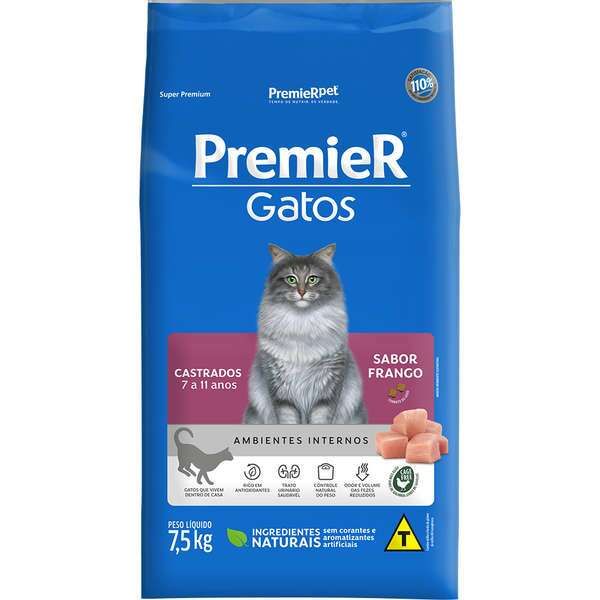 Ração Premier Ambientes Internos Gatos Castrados 7 a 11 anos Frango 7,5Kg