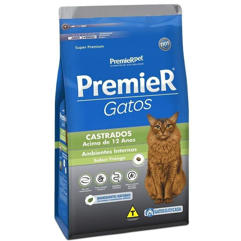 Ração Premier Ambientes Internos Gatos Castrados Acima de 12 anos Frango 500g
