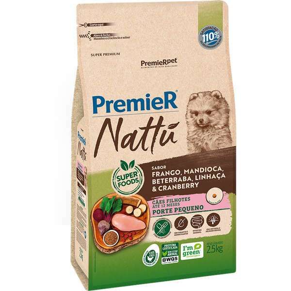 Ração Premier Nattú Cães Filhotes Pequeno Porte Mandioca 2,5kg