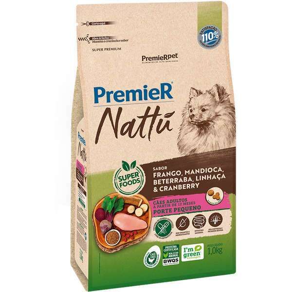 Ração Premier Nattú Cães Adultos Pequeno Porte Mandioca 1kg