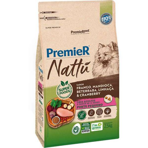 Ração Premier Nattú Cães Adultos Pequeno Porte Mandioca 2,5kg