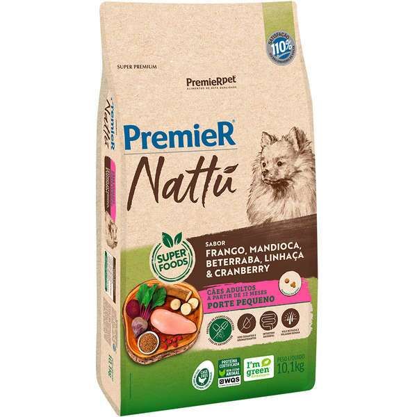 Ração Premier Nattú Cães Adultos Pequeno Porte Mandioca 10,1kg