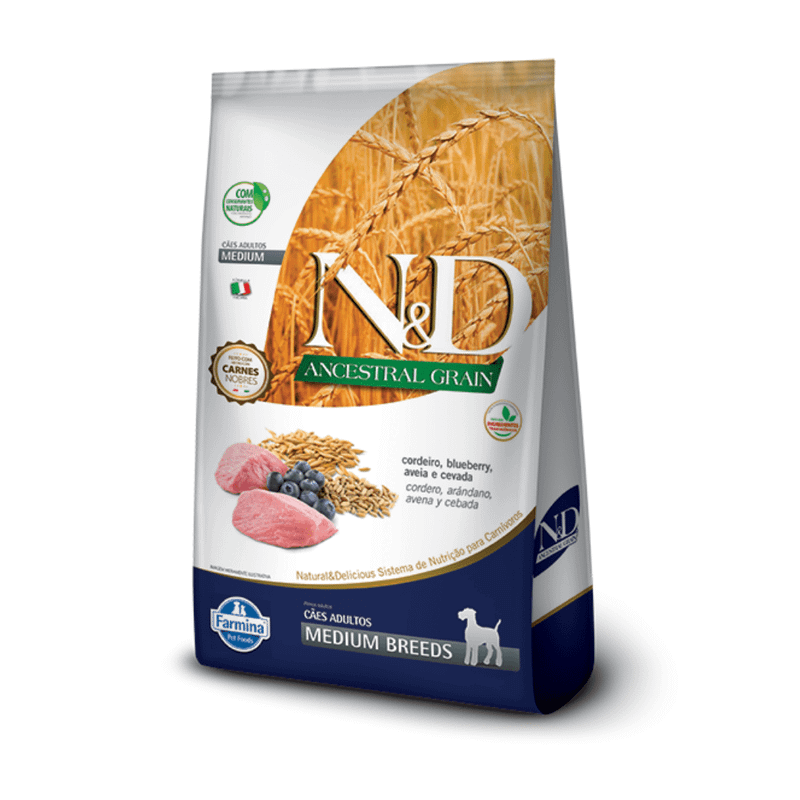 Ração Farmina N&D Ancestral Grain Cães Adultos Raças Médias Cordeiro e Blueberry 10,1kg