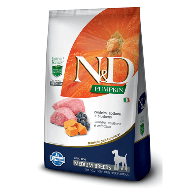 Ração Farmina N&D Pumpkin Cães Adultos Raças Médias Cordeiro, Abóbora e Blueberry 2,5kg