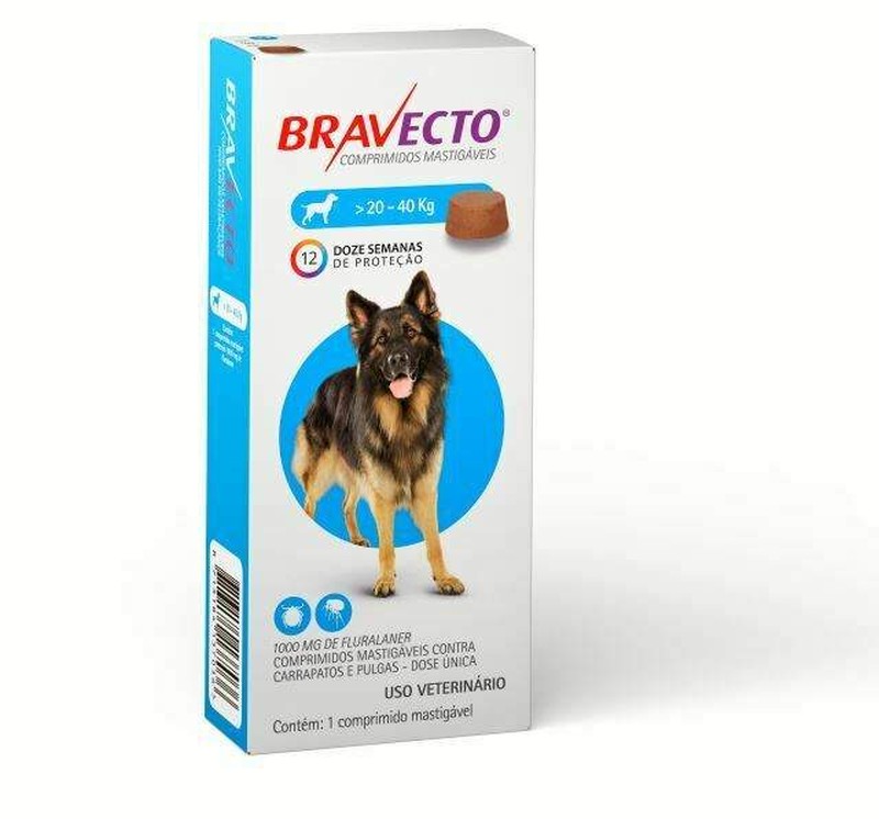 Bravecto Comprimidos Antipulgas Cães 20kg a 40kg MSD 1000mg