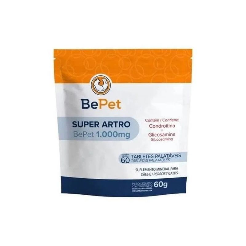 Suplemento Mineral Super Artro BePet 1000mg para Cães e Gatos 60g 60 Tabletes