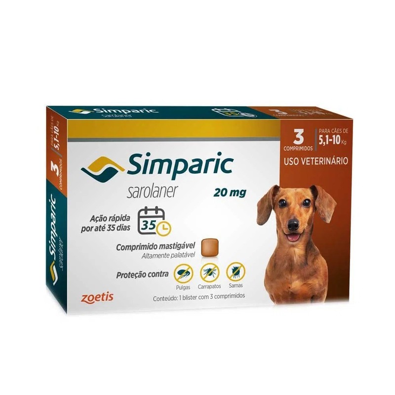 Simparic Antipulgas e Carrapatos Cães 5,1 a 10kg Zoetis 20mg Combo 3 comprimidos