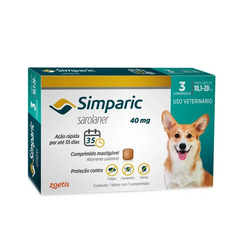 Antipulgas e Carrapatos  Simparic Cães 10,1 a 20kg Zoetis -  Combo 3 comprimidos
