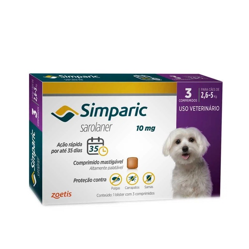 Antipulgas e Carrapatos Simparic Cães 2,6 a 5Kg Zoetis - Combo 3 comprimidos