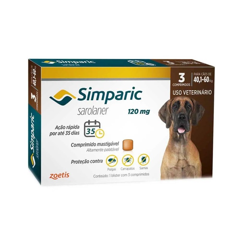 Antipulgas e Carrapatos Simparic Cães 40,1 a 60Kg Zoetis - Combo 3 comprimidos