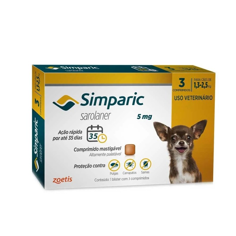 Antipulgas e Carrapatos Simparic Cães 1,3 a 2,5Kg Zoetis - Combo 3 comprimidos