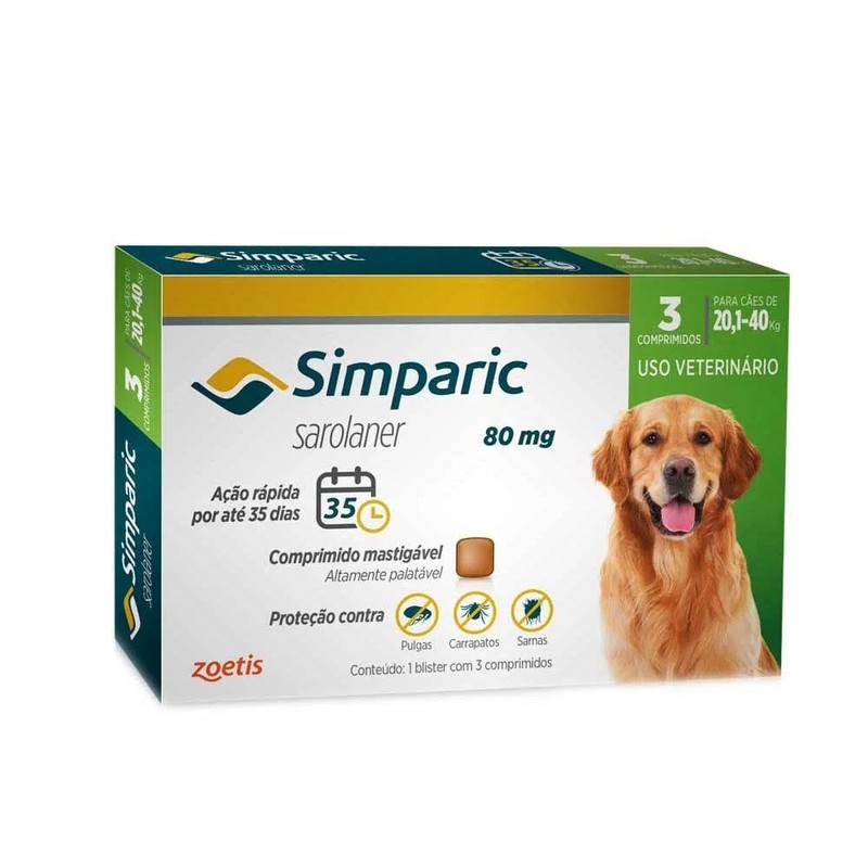 Antipulgas e Carrapatos Simparic Cães 20,1 a 40Kg Zoetis - Combo 3 comprimidos