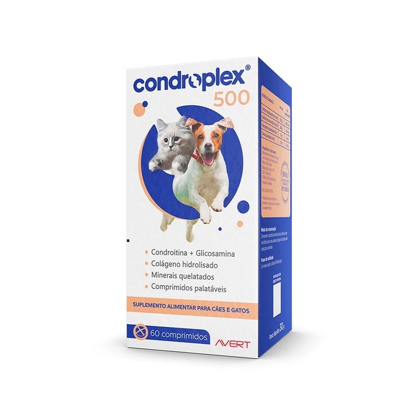 Condroplex 500 Suplemento Alimentar Cães e Gatos Pequeno Porte Avert 60 Comprimidos