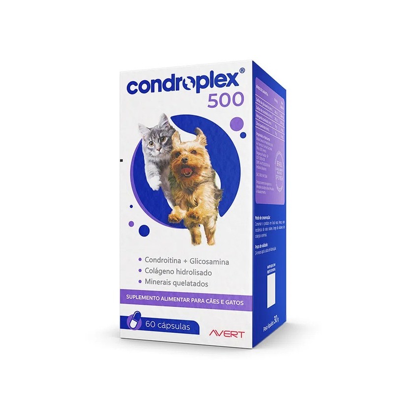Condroplex 500 Suplemento Alimentar Cães e Gatos Pequeno Porte Avert 60 Cápsulas