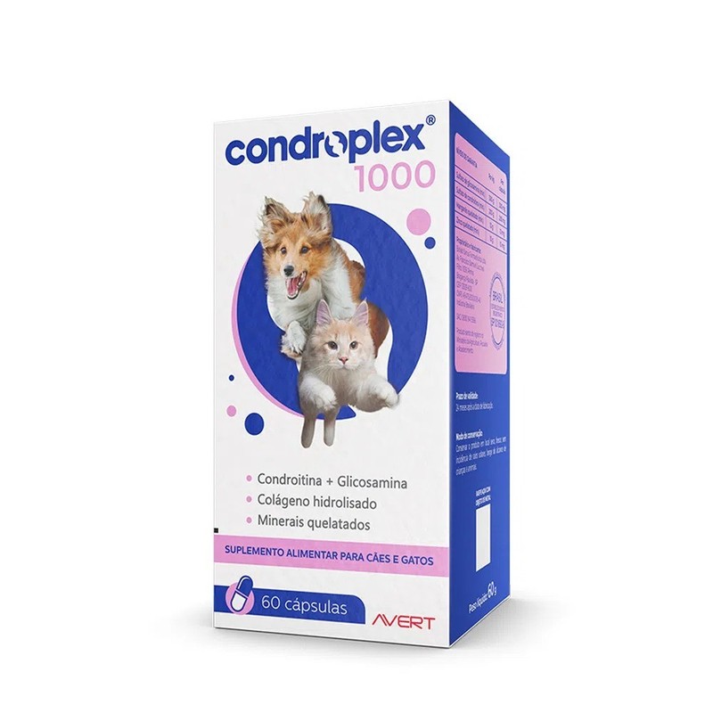 Condroplex 1000 Suplemento Alimentar Cães e Gatos Avert Com 60 Capsulas