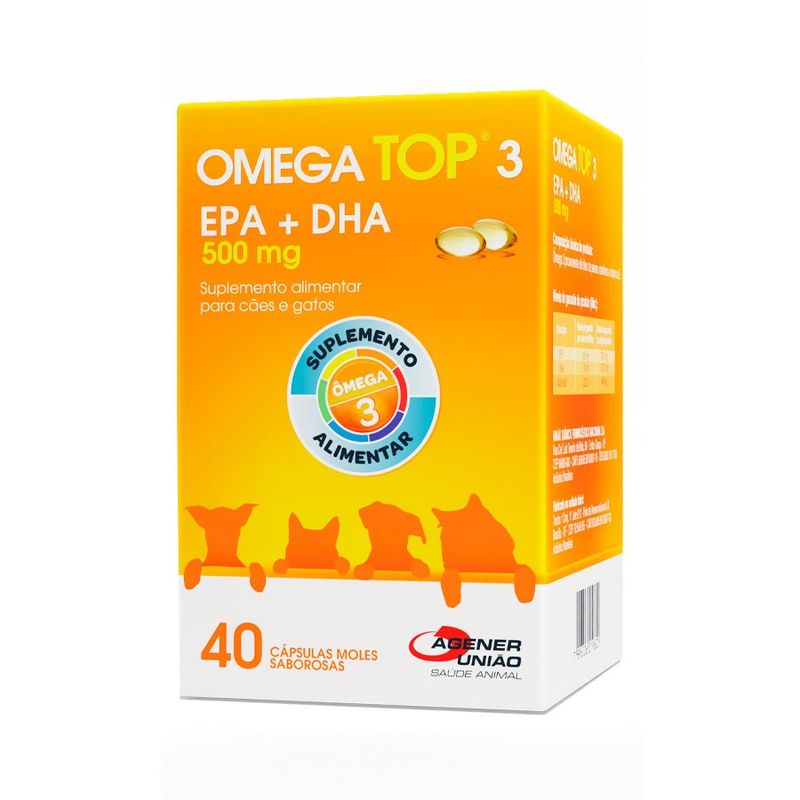 Ômega Top 3 500mg Suplemento Cães e Gatos Agener União 40 Cápsulas