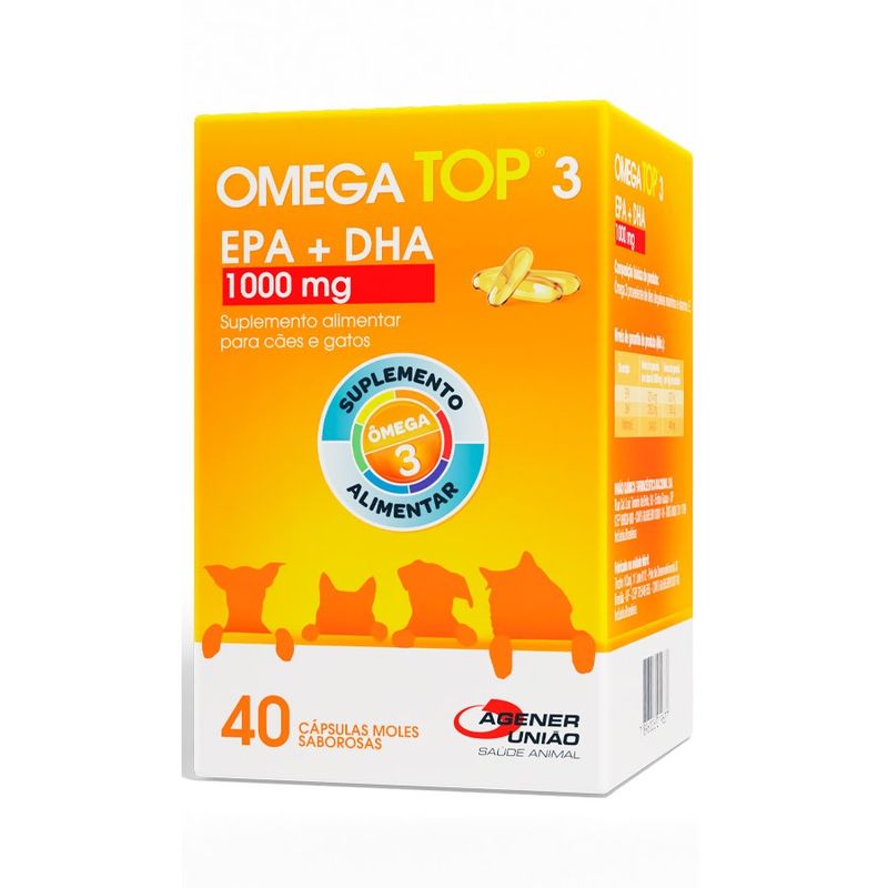 Ômega Top 3 1000mg Suplemento Cães e Gatos Agener União 40 Cápsulas