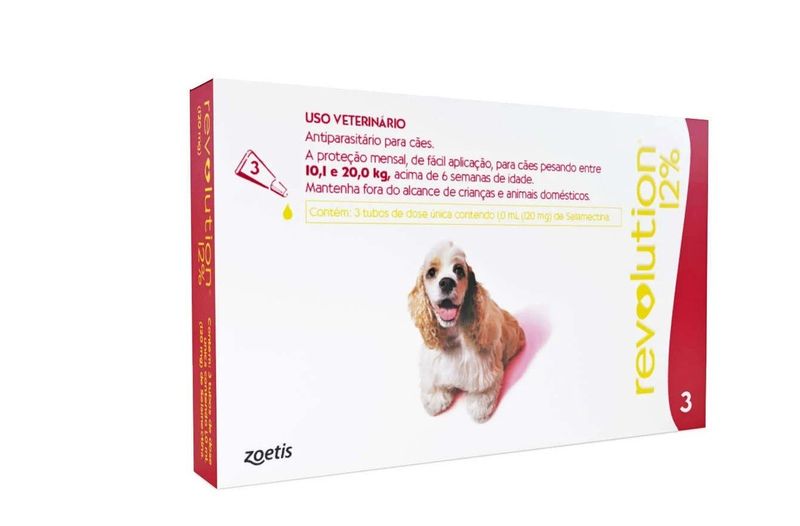 Antipulgas Revolution 12%  Cães de 10,1 a 20kg Zoetis 120mg - 3 pipetas