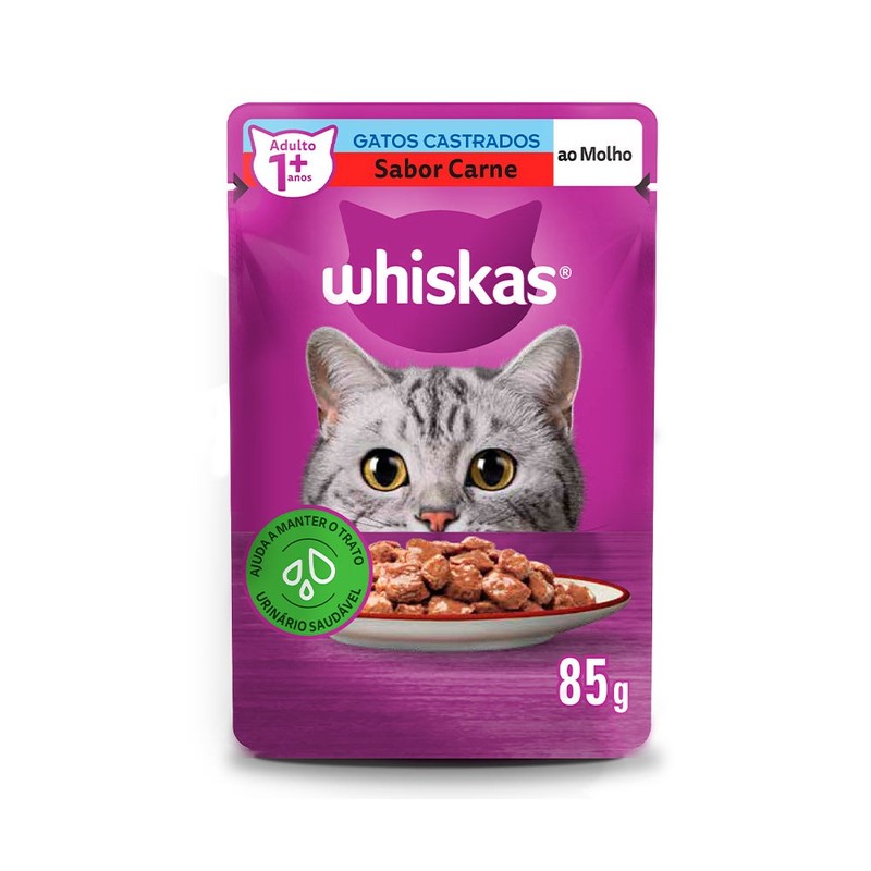 Alimento Úmido para Gatos Adultos Castrados Whiskas Sachê Carne ao Molho