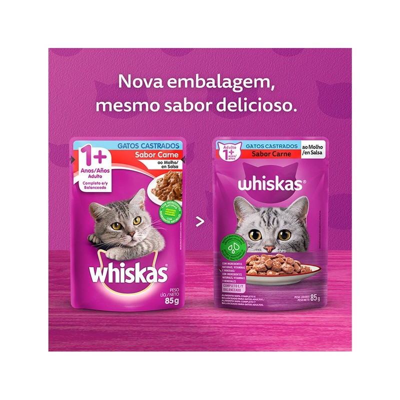 Alimento Úmido para Gatos Adultos Castrados Whiskas Sachê Carne ao Molho