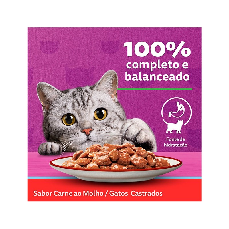 Alimento Úmido para Gatos Adultos Castrados Whiskas Sachê Carne ao Molho