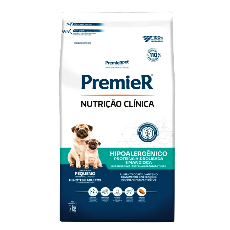 Ração Premier Nutrição Clínica Hipoalergênico Proteína Hidrolisada e Mandioca Cães Adultos Pequeno Porte